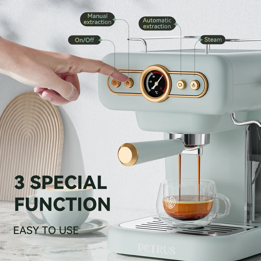 Petrus Coffee Machine Espresso Coffee Maker Latte Cappuccino Maker 20 Bar Semi-automatic Espresso Machine With Steam Milk Bubble