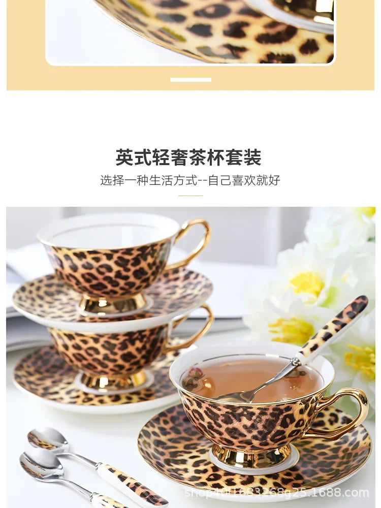 Retro leopard print control bone china premium coffee cup European afternoon tea cup set ceramic cup and saucer gift box