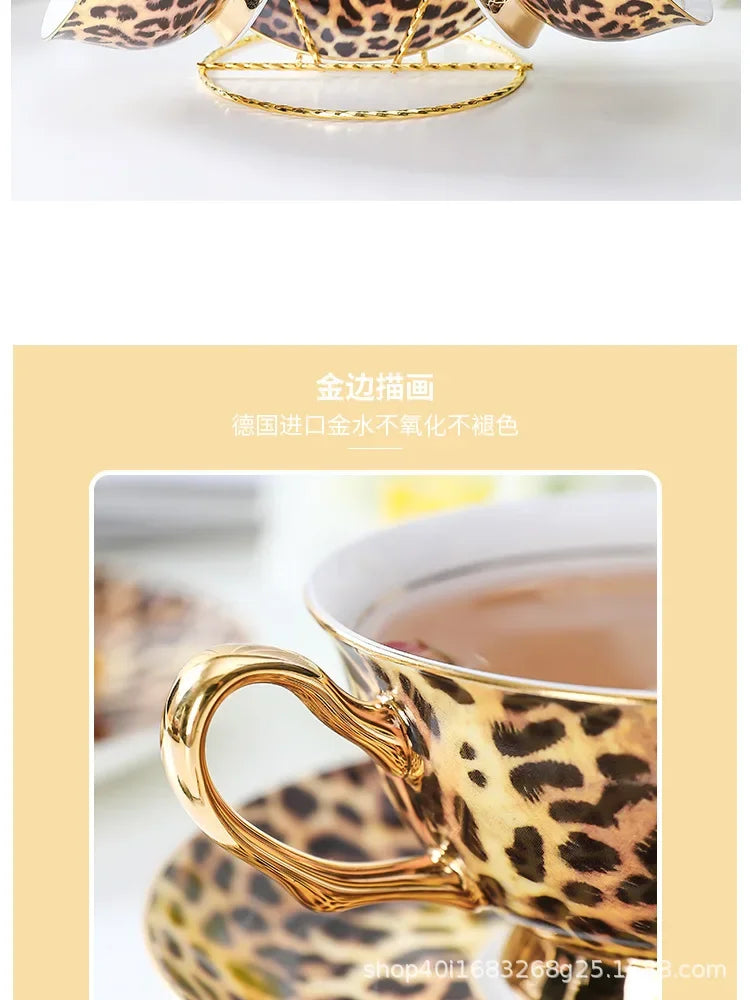 Retro leopard print control bone china premium coffee cup European afternoon tea cup set ceramic cup and saucer gift box