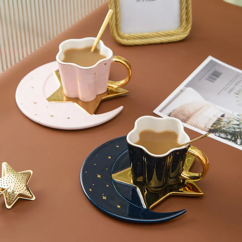 3PCS/Set Coffee Cup Saucer Spoon Set Star Moon Tea Cups Set Ceramic Cup And Saucer For Coffee Ceramic Cups Mugs Family Tableware