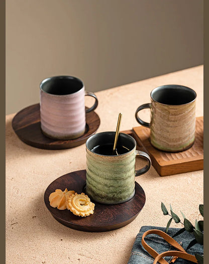 250ml Kiln Change Ceramic Coffee Cup Office Work Mug  Afternoon Tea Mug Walnut Wood Plate Tea Set Cappuccino Latte Cup Drinkware