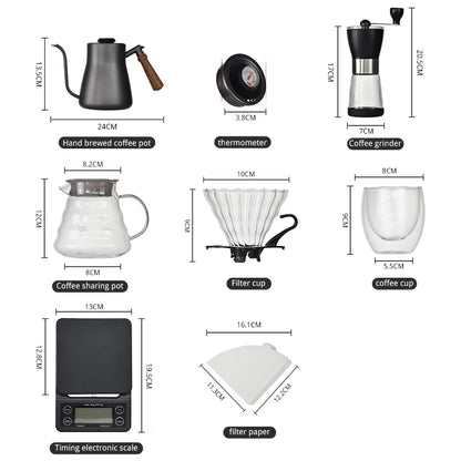 9Piece/Set All-in-one V-type 60 ° Travel Barista Coffee Set Manual Grinder Dripper Paper Bag Kettle Timer Scale