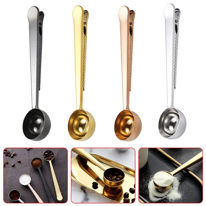 Stainless Steel Measuring Spoon Coffee Bean Spoon with Sealing Bag Clip Spice Milk Powder Scoop Baking Scale Spoon Kitchen Tool