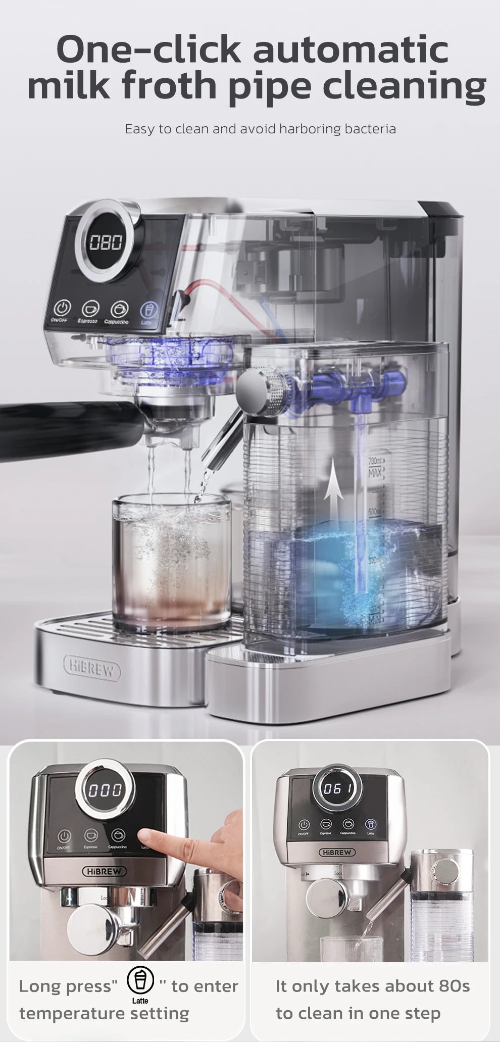 HiBREW  3 in 1 Semi Automatic Espresso Cappuccino Latte Coffee Machine Automatic Milk Froth Ground Coffee Stainless Steels H13A