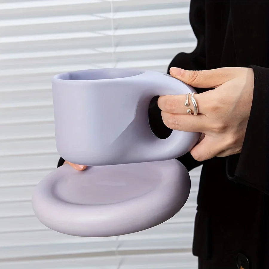 1set 400ml Ceramic Coffee Chubby Mug Saucer Set Creative Cute Fat Handle Cup With Saucer For Office And Home Room Decor