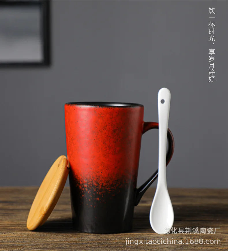 Ceramic Coffee Mug with Spoon and Lid, Creative, Japanese Style, Retro, Breakfast, Office Cup, Gift