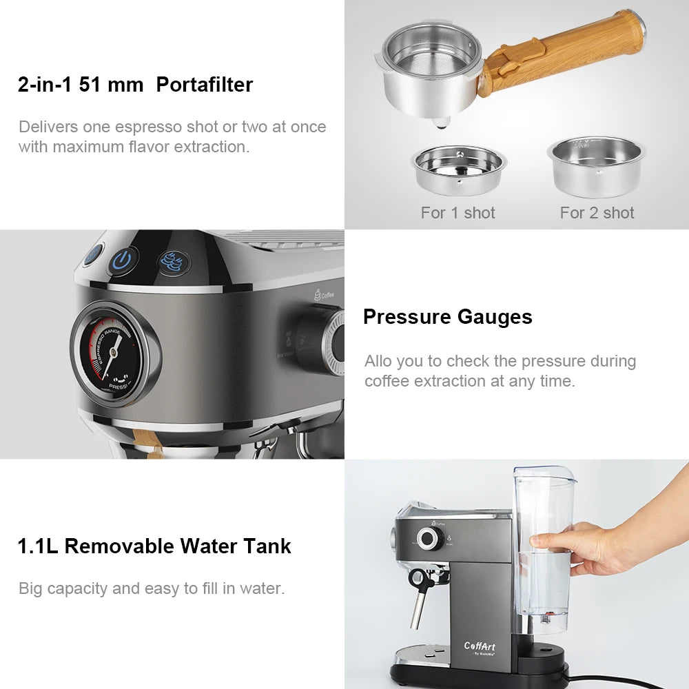 BioloMix 20 Bar Semi Automatic Powder Coffee Machine,with Milk Steam Frother Wand, for Espresso, Cappuccino, Latte and Mocha