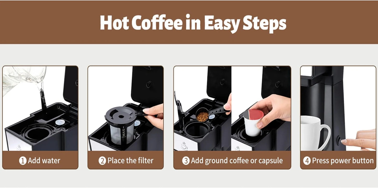 Single Serve Coffee Maker 2 in 1 , Mini K Cup Coffee Machine 14 Oz, One Cup Coffee Brewer w/ One-Bouton Fast Brewing | USA | NEW