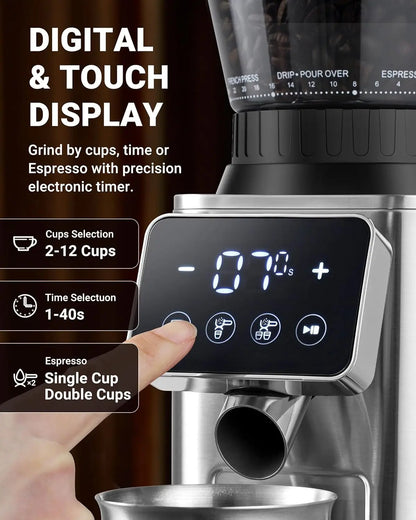 Coffee Grinder, Coffee Bean Grinder for Home Use with Precise Grinding, LED Control Panel, Detachable Funnel Stand,