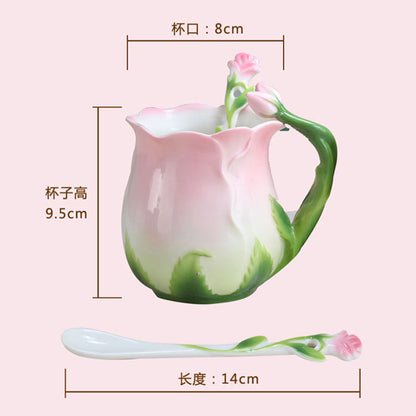 320ml Pink Ceramic Coffee Cup European Bone China Three-dimensional Flower Mug Home Afternoon Camellia Flower Tea Cup Milk Mug