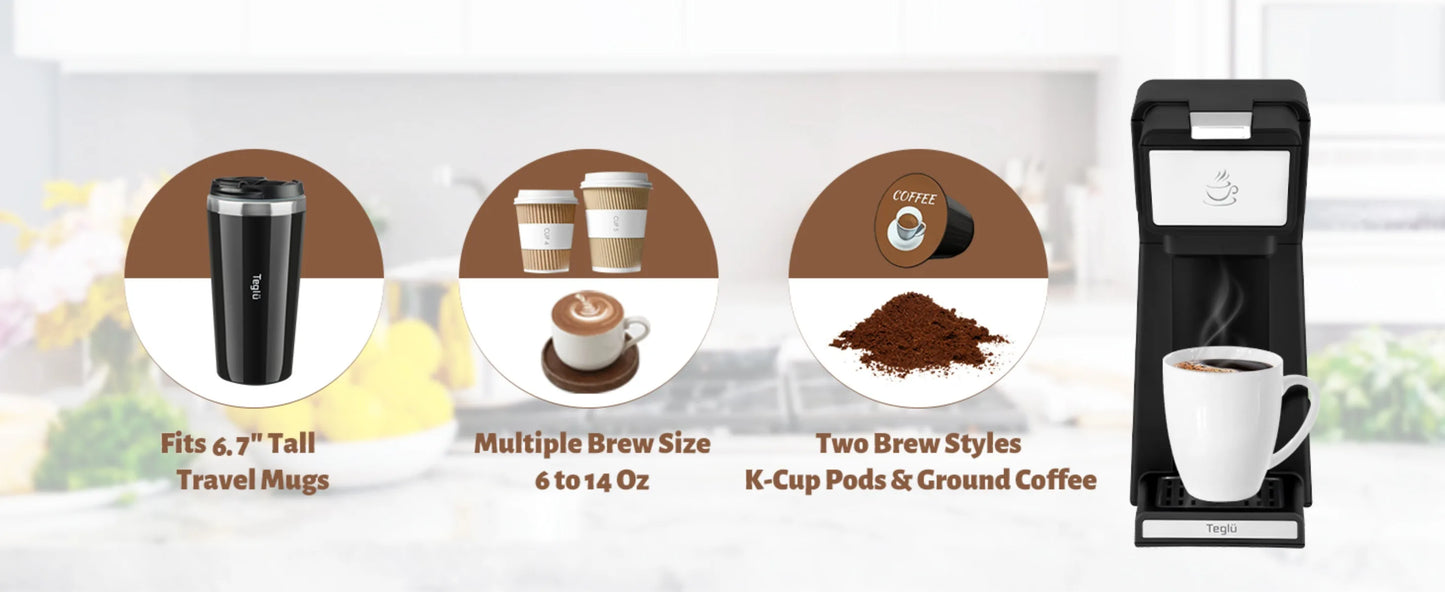 Single Serve Coffee Maker 2 in 1 , Mini K Cup Coffee Machine 14 Oz, One Cup Coffee Brewer w/ One-Bouton Fast Brewing | USA | NEW