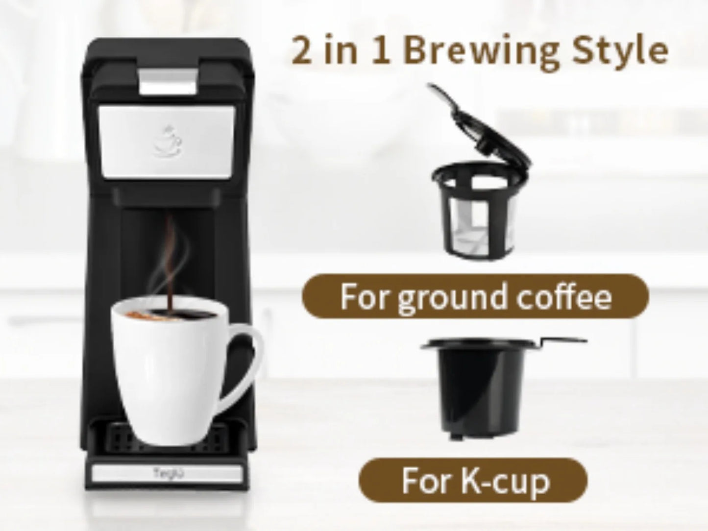 Single Serve Coffee Maker 2 in 1 , Mini K Cup Coffee Machine 14 Oz, One Cup Coffee Brewer w/ One-Bouton Fast Brewing | USA | NEW