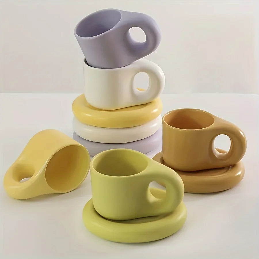 1set 400ml Ceramic Coffee Chubby Mug Saucer Set Creative Cute Fat Handle Cup With Saucer For Office And Home Room Decor