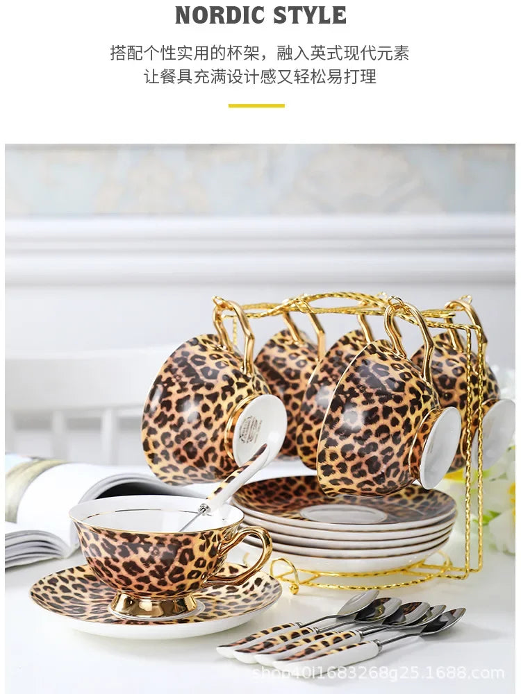 Retro leopard print control bone china premium coffee cup European afternoon tea cup set ceramic cup and saucer gift box