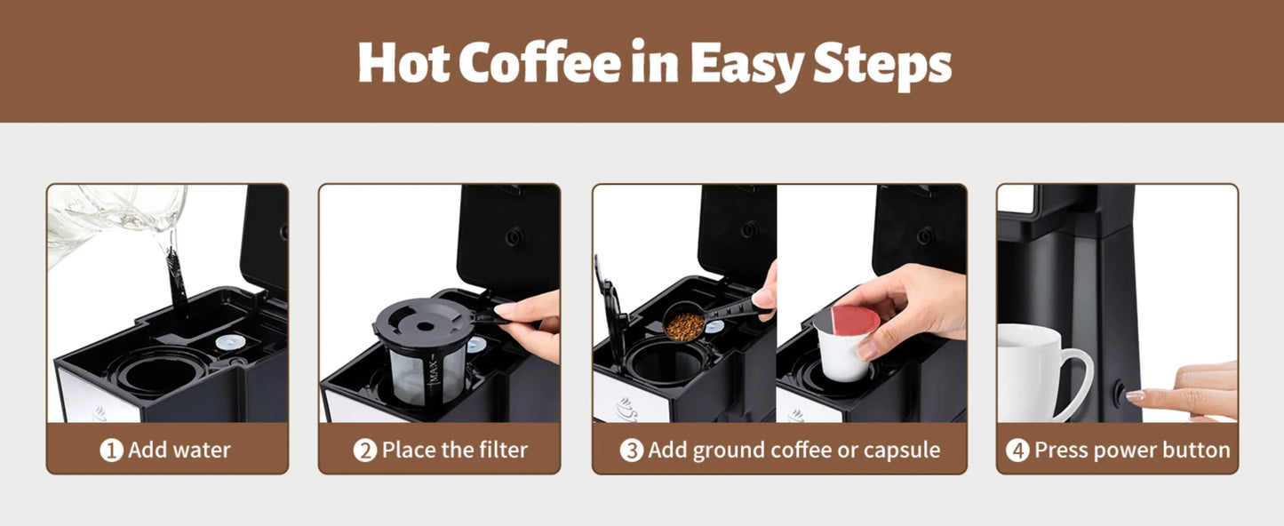 Single Serve Coffee Maker 2 in 1 , Mini K Cup Coffee Machine 14 Oz, One Cup Coffee Brewer w/ One-Bouton Fast Brewing | USA | NEW