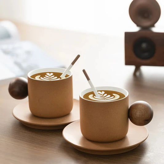 Japanese Ceramic Coffee Cup and Saucer Set Round Ball Wooden Handle Handmade Retro Breakfast Afternoon Tea Cappuccino Mug Gifts