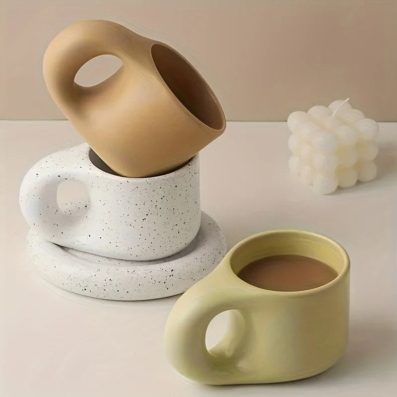 1set 400ml Ceramic Coffee Chubby Mug Saucer Set Creative Cute Fat Handle Cup With Saucer For Office And Home Room Decor