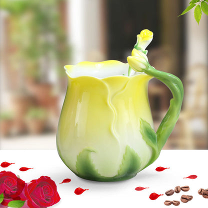 320ml Pink Ceramic Coffee Cup European Bone China Three-dimensional Flower Mug Home Afternoon Camellia Flower Tea Cup Milk Mug