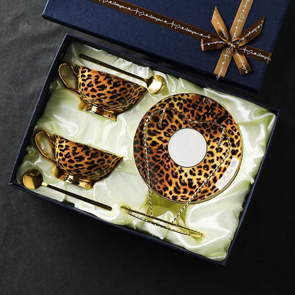 Retro leopard print control bone china premium coffee cup European afternoon tea cup set ceramic cup and saucer gift box