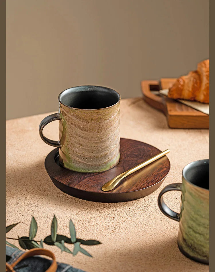 250ml Kiln Change Ceramic Coffee Cup Office Work Mug  Afternoon Tea Mug Walnut Wood Plate Tea Set Cappuccino Latte Cup Drinkware