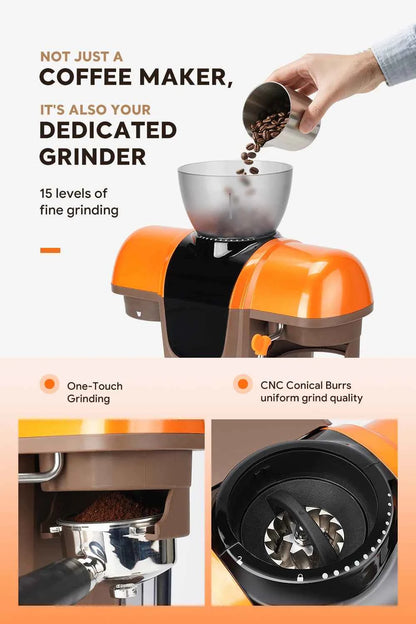 iCafilas Coffee Maker 19 Bar Semi Automatic Extraction Espresso Coffee Machine with Grinder Built In Steam milk coffee machine