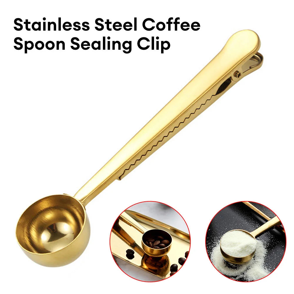 Stainless Steel Measuring Spoon Coffee Bean Spoon with Sealing Bag Clip Spice Milk Powder Scoop Baking Scale Spoon Kitchen Tool