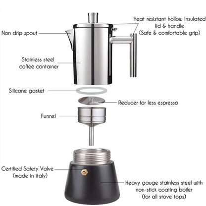 Stainless Steel Thickening Moka Coffee Pot Cuban Espresso Coffee Maker For Kitchen Stovetop Induction Gas Or Electric Stoves