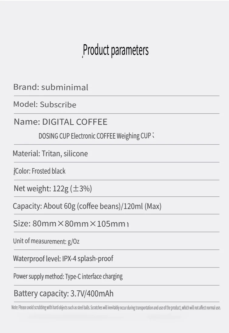 Subminimum Electronic Coffee Weighing Cup, Espresso Scale, Pour-over Electronic Scale, Bean Cup, Waterproof Electronic Scale