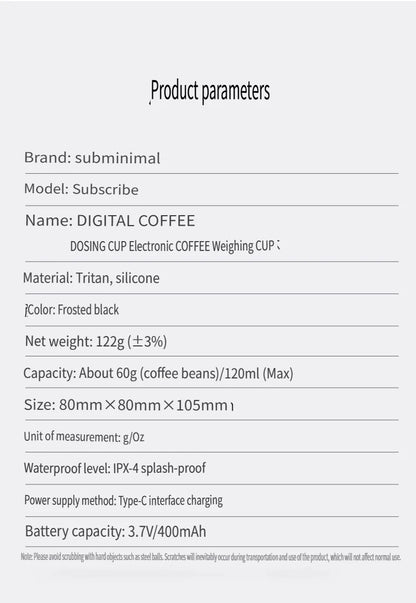 Subminimum Electronic Coffee Weighing Cup, Espresso Scale, Pour-over Electronic Scale, Bean Cup, Waterproof Electronic Scale