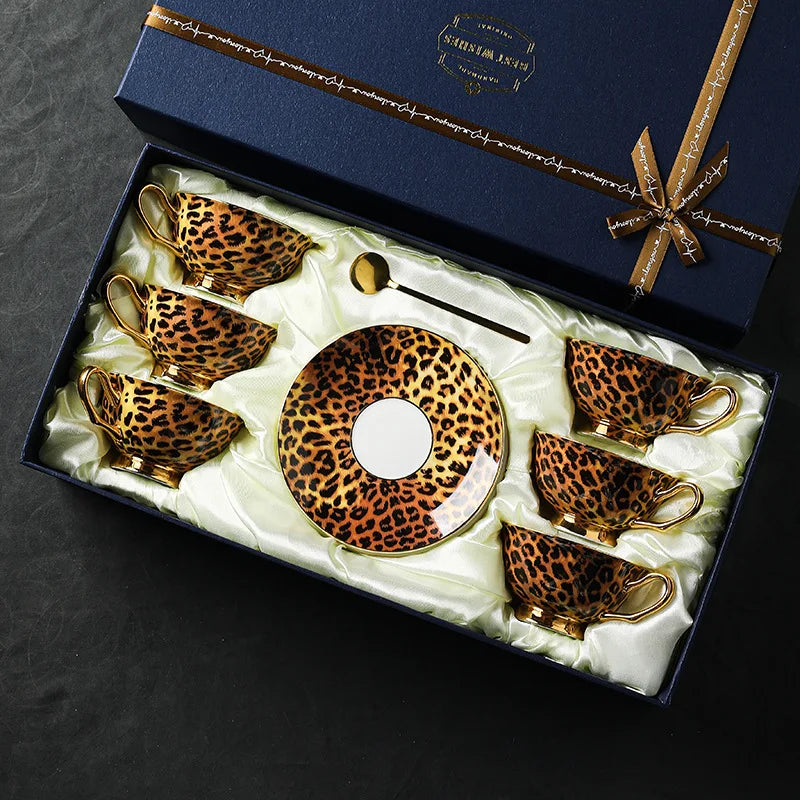 Retro leopard print control bone china premium coffee cup European afternoon tea cup set ceramic cup and saucer gift box