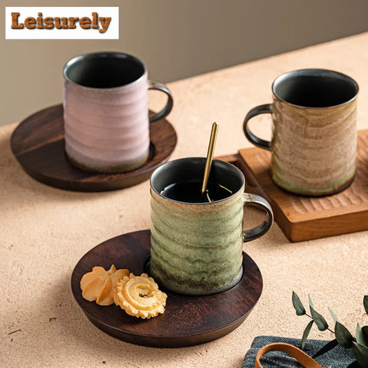 250ml Kiln Change Ceramic Coffee Cup Office Work Mug  Afternoon Tea Mug Walnut Wood Plate Tea Set Cappuccino Latte Cup Drinkware