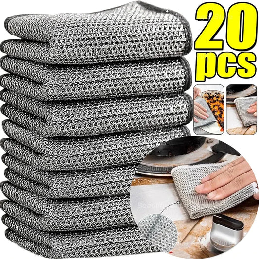 20/5Pcs Thickened Steel Wire Cleaning Cloth Non-Scratch Double-layer Iron Microfiber Mesh Dishrag Washing Pot Rags Kitchen Towel