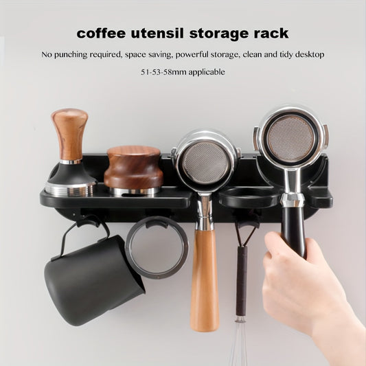 1pc, Coffee Machine With Storage Rack, Coffee Machine Handle Cloth Powder Finishing Rack, Press Powder Hammer Bar Multi-functional Storage Rack, 51/53/58mm Are Applicable, 3M Glue And Drilling Two Installation Methods