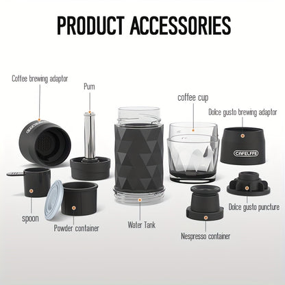 Cafelffe 3 In 1 Portable Coffee Maker Manual Capsule Espresso Machine For Nespresso Capsules, Dolce Gusto Capsules And Ground Coffee, Compact And Convenient For Home Or Travelling Use