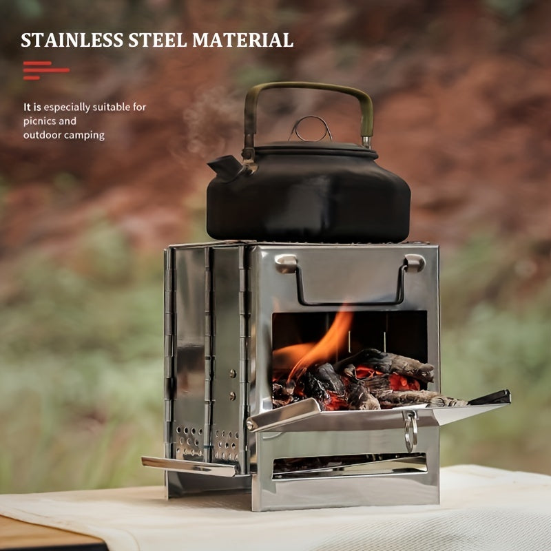 A Mini Outdoor Fire Stove Made of Stainless Steel, Suitable for Picnics, Barbecues, And Camping, Comes with a Storage Bag.