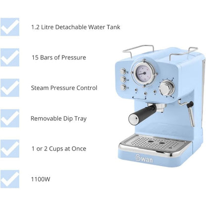 Retro Espresso Coffee Machine with Milk Frother, Steam Pressure Control, 1.2L Detachable Water Tank, 1100W, Retro Blue