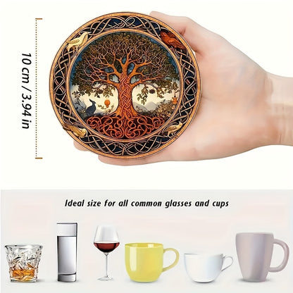 8pcs Tree of Life Wooden Coasters Set - Artistic Design for Drinks, Coffee & Tea - Perfect Home & Restaurant Decor Gift