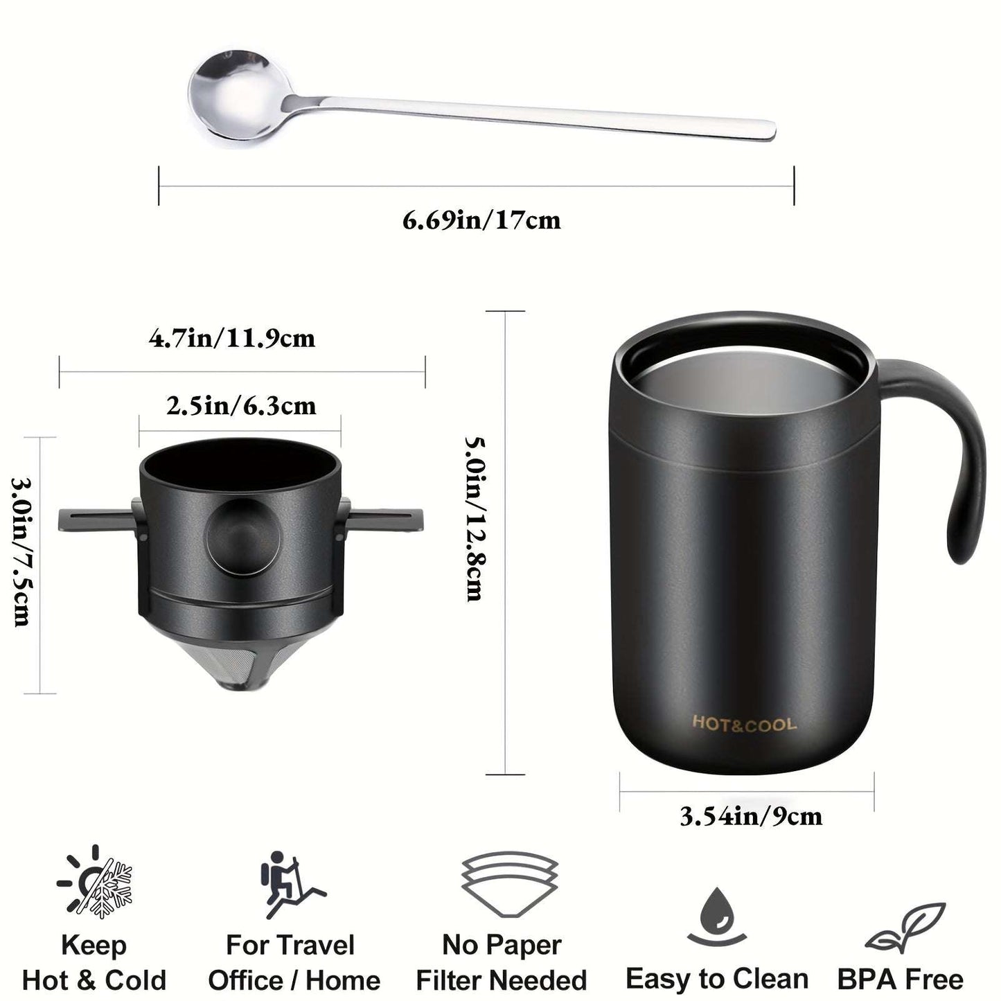 Premium Stainless Steel Pour-Over Coffee Maker Set - Portable Travel-Ready Drip Coffee Cup with Detachable Ear Hook Filter for Camping, Hiking, Office & Home Brewing - Compact Lightweight Coffee Dripper Kit