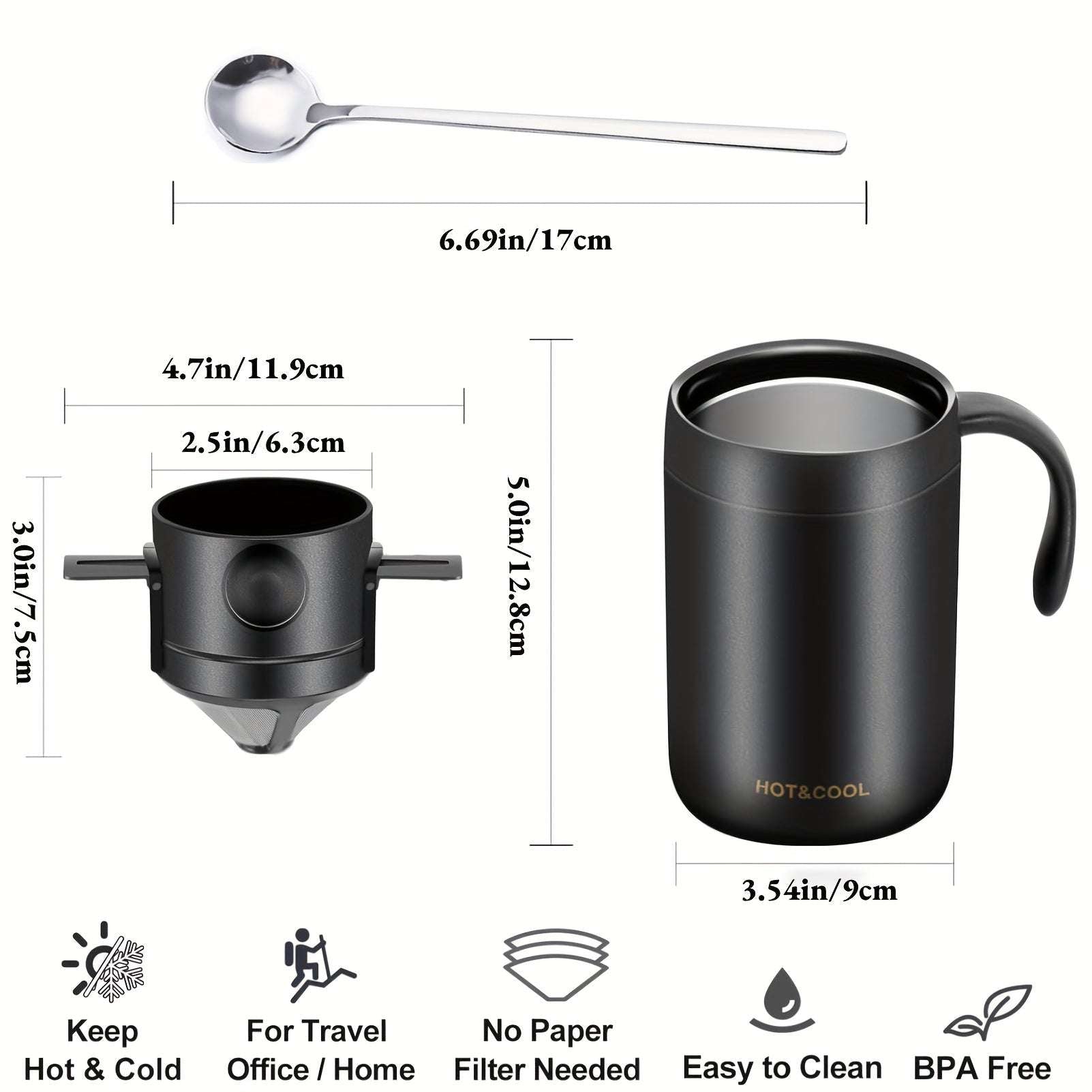Premium Stainless Steel Pour-Over Coffee Maker Set - Portable Travel-Ready Drip Coffee Cup with Detachable Ear Hook Filter for Camping, Hiking, Office & Home Brewing - Compact Lightweight Coffee Dripper Kit