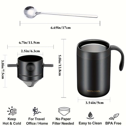 Premium Stainless Steel Pour-Over Coffee Maker Set - Portable Travel-Ready Drip Coffee Cup with Detachable Ear Hook Filter for Camping, Hiking, Office & Home Brewing - Compact Lightweight Coffee Dripper Kit