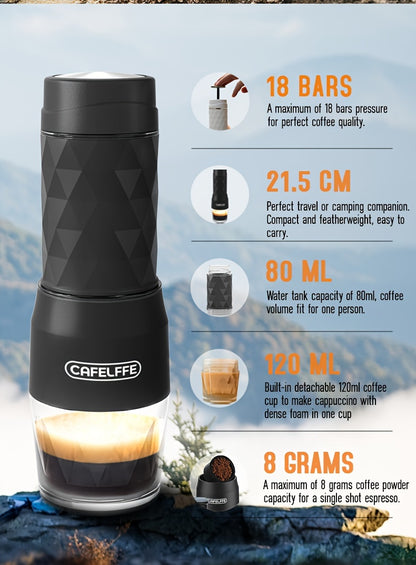 Cafelffe 3 In 1 Portable Coffee Maker Manual Capsule Espresso Machine For Nespresso Capsules, Dolce Gusto Capsules And Ground Coffee, Compact And Convenient For Home Or Travelling Use