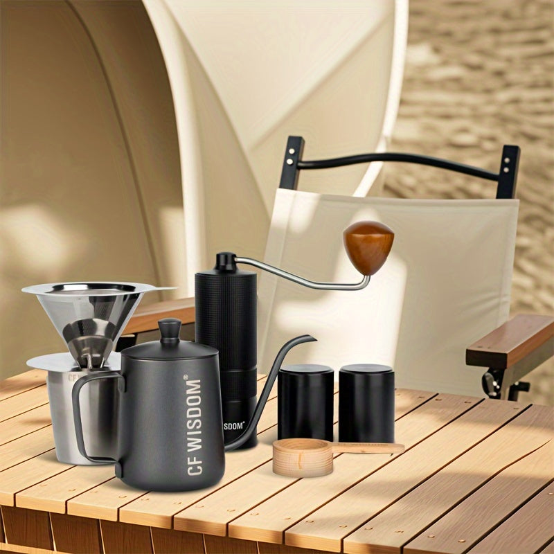 Portable Pour-Over Coffee Maker Set with Manual Grinder - Stainless Steel, Travel-Friendly, Perfect for Outdoor Camping & Home Use