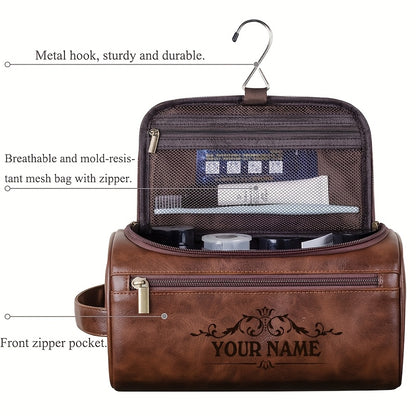 1pc Custom Engraved Men's Toiletry Bag - Personalized Faux Leather with Zipper Closure, Top Handle Strap & Wet Wipes Cleaning - Casual Style, Waterproof & Stain-Resistant - Perfect for Birthdays, Anniversaries, Christmas Gift