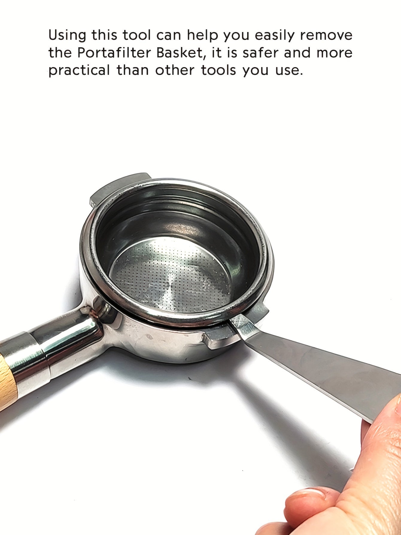Stainless Steel Coffee Portafilter Basket Remover with Wooden Handle - Durable, Easy-to-Use Barista Tool for Espresso Machines, Fit, Keychain-Ready