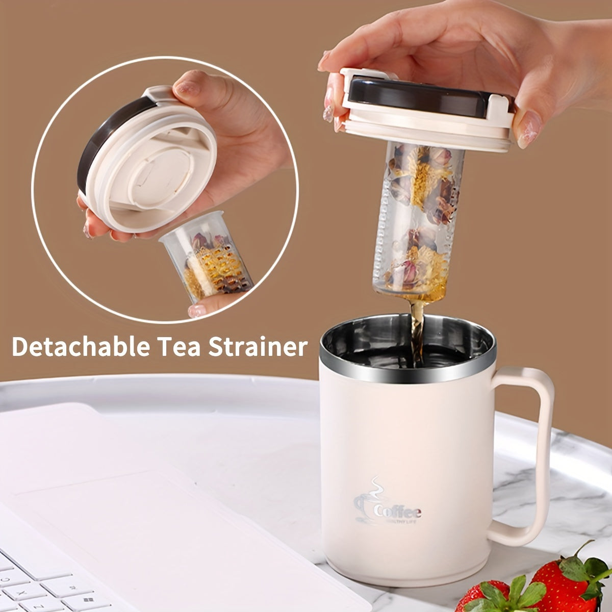 Stainless Steel Travel Mug with Tea Infuser & Folding Spoon - 500ml/550ml Leak-Proof Coffee Cup for School, Office, and Outdoor Use - Reusable, High-Quality Drinkware