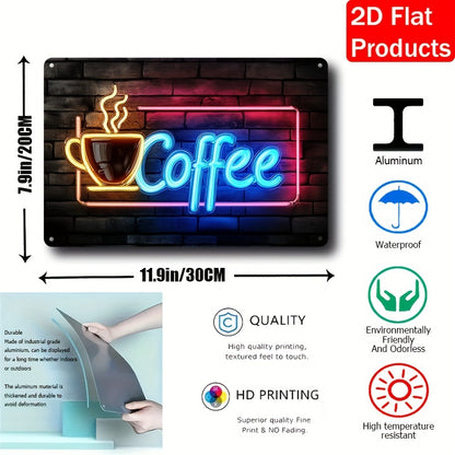 1pc Neon-Style Coffee Sign, Aluminum Wall Hanging Decorative Plaque, 20.07cm x 30.23cm, English Text, Multipurpose Indoor/Outdoor Signage with for Home, Bar, Restaurant, Farmhouse, Kitchen, Room, Wall, and Table Decor