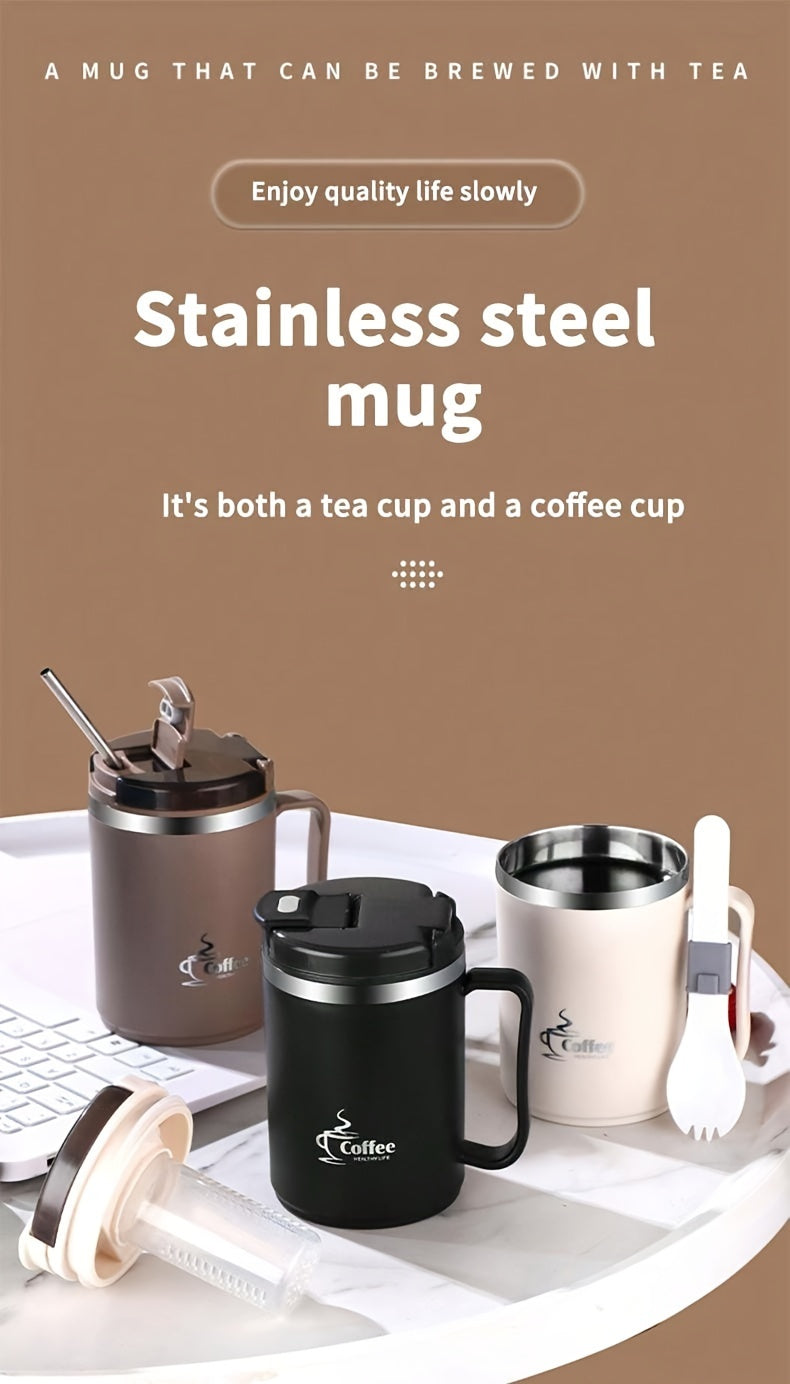 Stainless Steel Travel Mug with Tea Infuser & Folding Spoon - 500ml/550ml Leak-Proof Coffee Cup for School, Office, and Outdoor Use - Reusable, High-Quality Drinkware